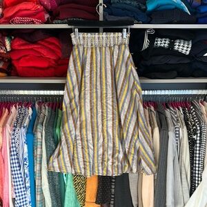 Flint & Moss tan/blue/brown/yellow striped smocked waist midi skirt size S